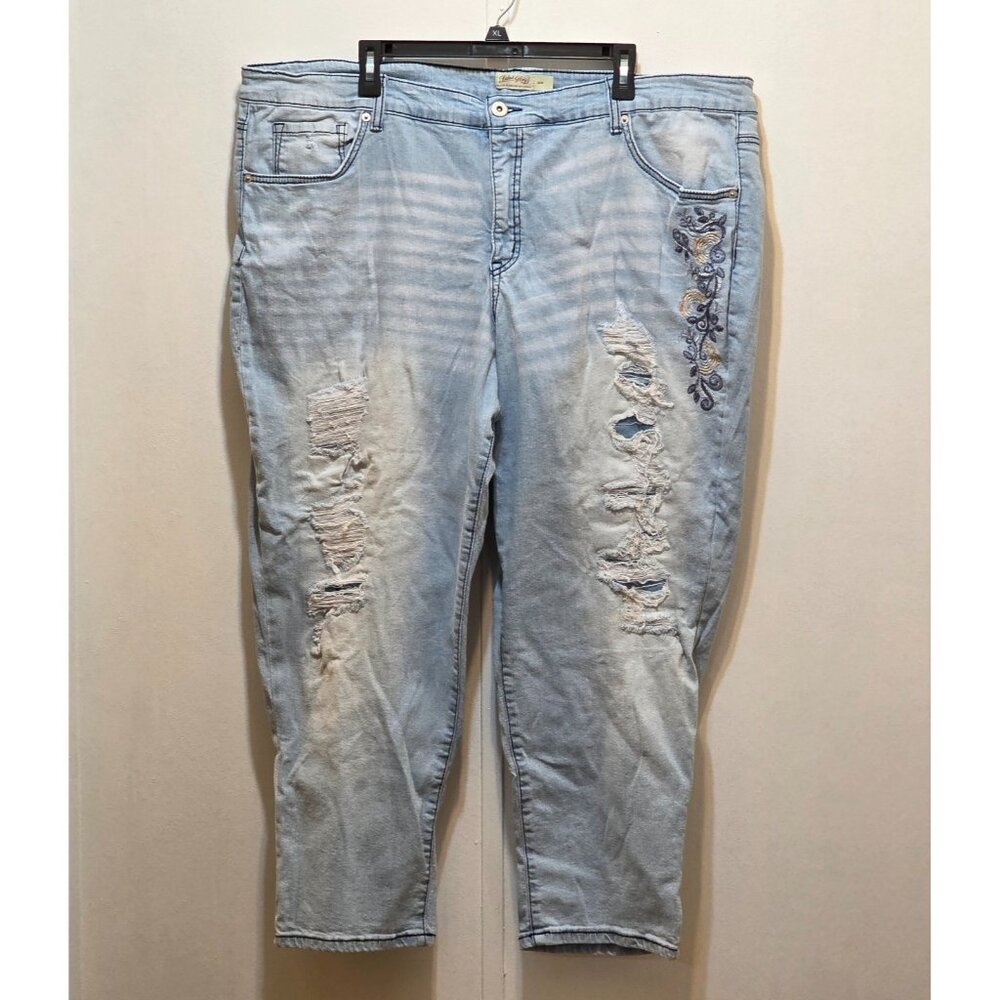 Faded Glory Distressed Destroyed Embroidered Floral Blue Jeans 26W Plus Size